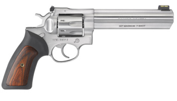 Revolver, Ruger, Mod. GP100 (KGP-141-7), 6'' Lauf, Stainless Steel, Kal. .357 Magnum, <b>Gummigriffschalen mit Holzeinlagen, 7 Schuss</b>, HiViz-Korn